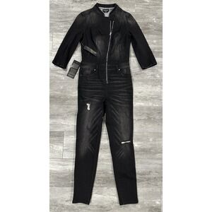 NEW bebe Grey Denim Moto Jumpsuit Womens Size 28 Slim Skinny Fit Front Zipper